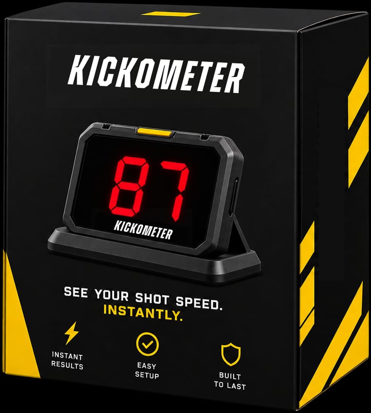 The Kickometer box: the Kickometer name, the unit showing 87, and the line See your shot speed. Instantly.